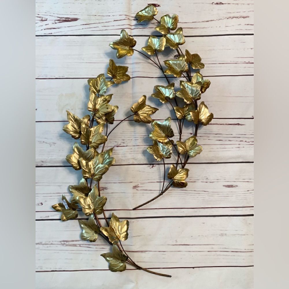 Vintage Homco Gold Tone Metal Leaf Wall Hanging Spray Decoration Sculpture Set 2